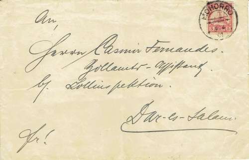 German East Africa 1901 5Pfg Yacht on Mohorro cover to Dar Es Salam fine used