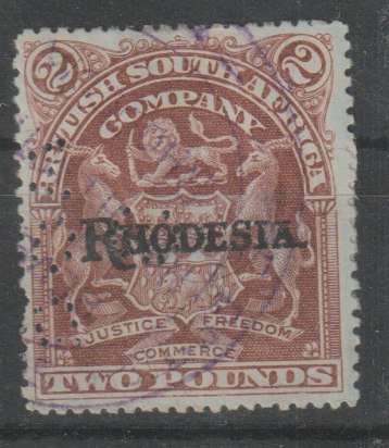 Rhodesia BSAC 1909 Arms Rhodesia £2 rosy brown on bluish paper fiscally fine used