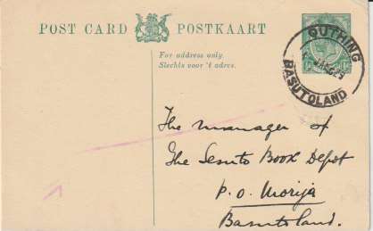 Basutoland 1929 SA KGV 1/2d postal stationary postcard used at Quithing fine used