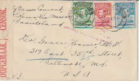 Basutoland 1941 KGVI 1/2d, 1d and 1 1/2d on Roma Mission censored WWII cover to USA fine used