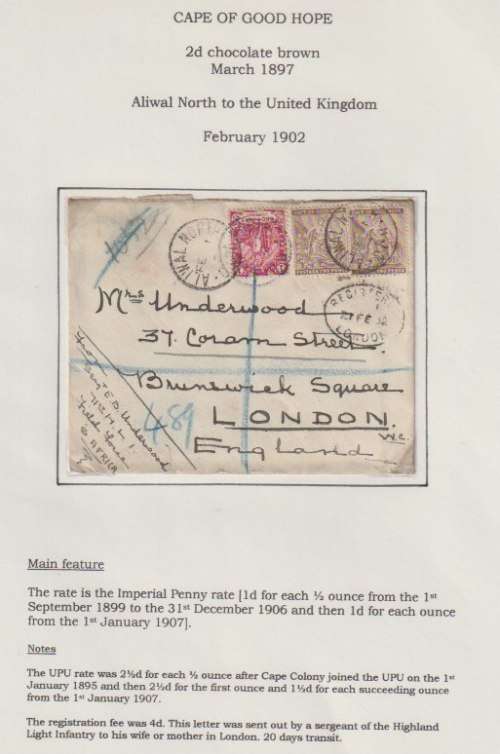 Anglo Boer War 1902 Aliwal North to London at 5d registered rate from Sgt Underwood