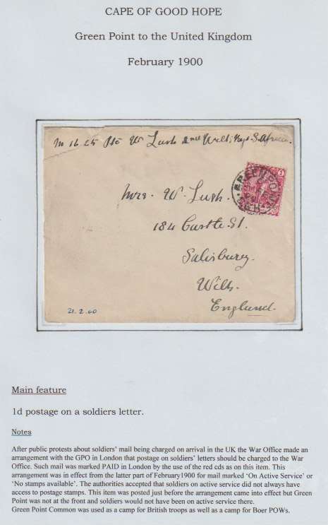 Anglo Boer War 1900 Green Point 1d soldiers letter rate to UK
