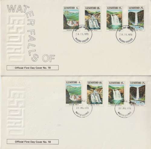 Lesotho 1978 Waterfalls first day cover with silver printing missing, with normal for illustration