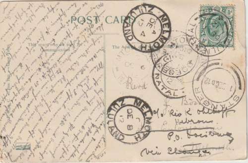 South Africa 1912 Interprovincial Transvaal KEVII 1/2d with Lilienthal Natal cancel on card