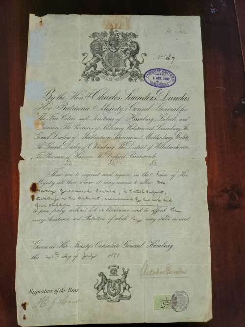 Transvaal 1897 Incoming Paasport Documnet with Paspoort Kantoor / Vereeniging oval violet cancel
