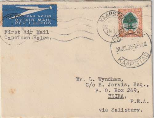 South Africa 1935 First Flight Cape Town - Beira on House of Assembly postal stationary envelope