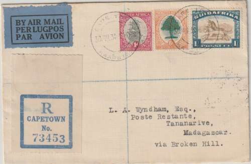 South Africa 1934 First Flight Cape Town - Tananarive, Madagascar registered cover, very fine