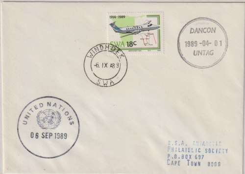 South West Africa 1989 United Nations and Untag cachets on Windhoek cover very fine