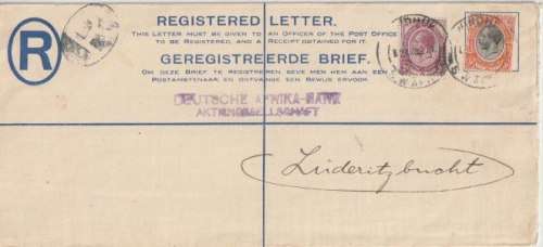 South West Africa 1920 SA KGV 2d and 3d on registered Windhuk cover to Luderitzbucht