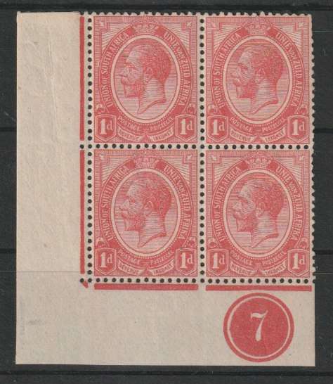 South Africa 1913 KGV 1d control 7 bottom left block of 4 very fine mint