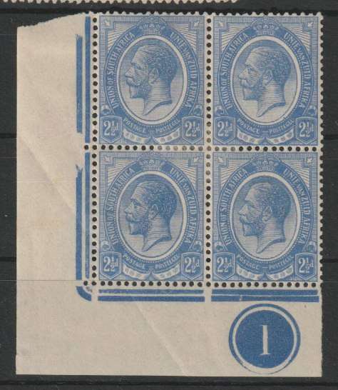South Africa 1913 KGV 2 1/2d control 1 bottom left block of 4 very fine mint