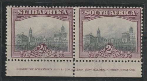South Africa 1927 London 2d perf 14 x 13 half down imprint pair very fine mint