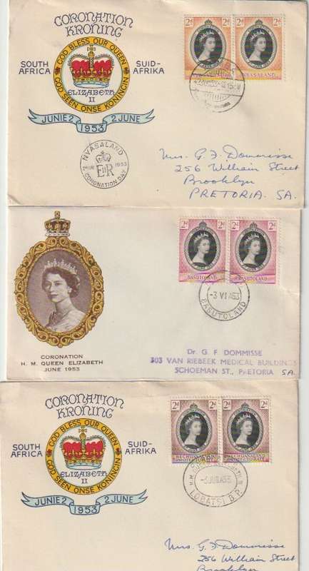 Southern Africa QEII 1953 Coronation pairs on first day covers x6 very fine