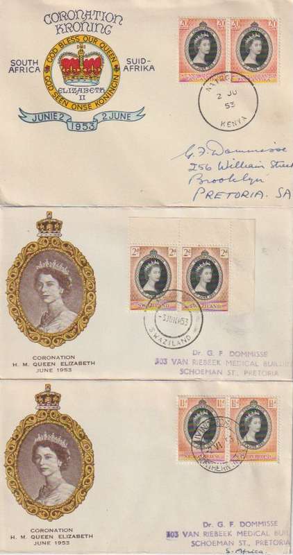 Southern Africa QEII 1953 Coronation pairs on first day covers x6 very fine