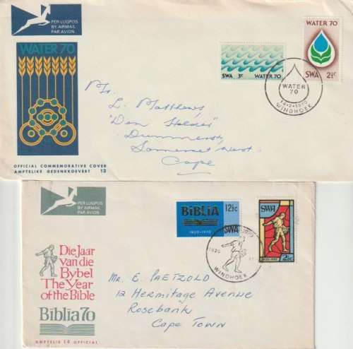 South West Africa 1970 Water FDC no 1 and 1971 Biblia FDC no 2 fine.