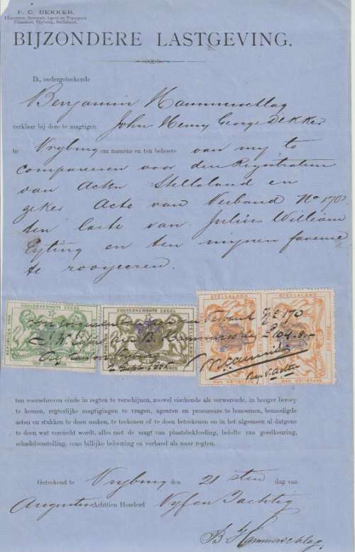 Bechuanaland Stellaland Revenue 1885 multiple franking on Bezondere Lastgeving Document  rare