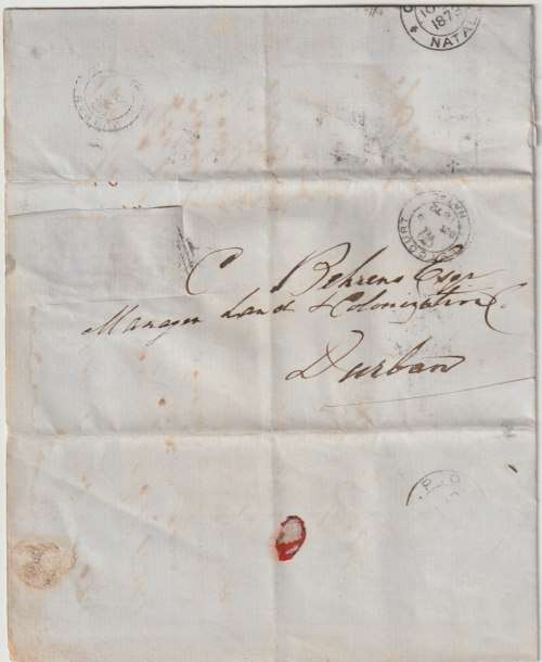Natal 1872 wrapper from Escourt with crowned circle canceller to Durban fine used