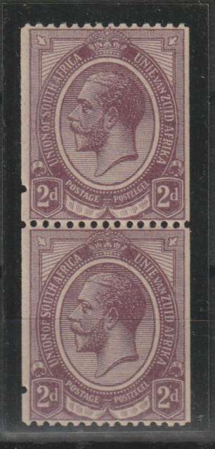 South Africa 1913 KGV coil 2d vertical pair with isloated perf holes at left unmounted mint