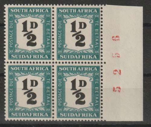 South Africa Postage Due 1948/9 1/2d sheet number block of 4