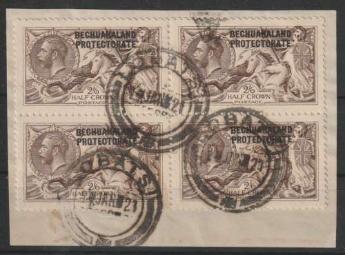 Bechuanaland 1913-24 KGV Sea Horse 2s6d Waterlow sepia brown block of 4 on piece with Lobatsi cds