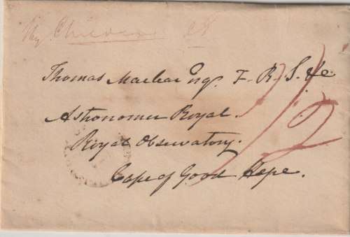 Cape of Good Hope  UK 1840 incoming warpper at 1s2d rate with 1/2 on front to Thomas Maclear
