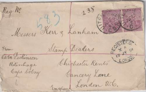 Cape of Good Hope 1901 Uitenhague 3d pair on registered cover to London very fine