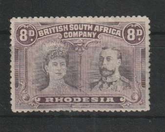 Rhodesia BSAC 1910 KGV Double Head perf 14 8d dull purple and purple with gash in ear flaw fine mint