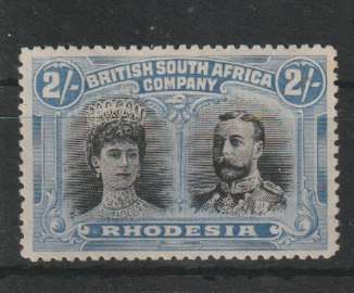 Rhodesia BSAC 1910 KGV Double Head perf 14 2s black and ultramarine with gash in ear flaw fine mint