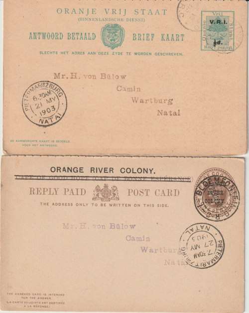 Orange River Colony 1903 2x Post Card with Relpy Card attached to Natal very fine