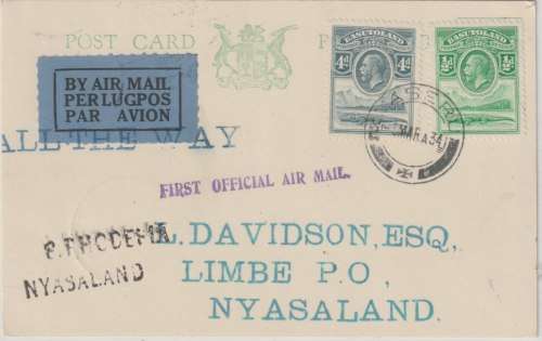 Basutoland 1934 Quantas 1st Flight cover from Maseru to Limbe Nyasaland scarce very fine