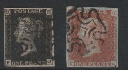 Great Britain 1840 QV 1d black plate 10 matched pair with 1d brown plate 10