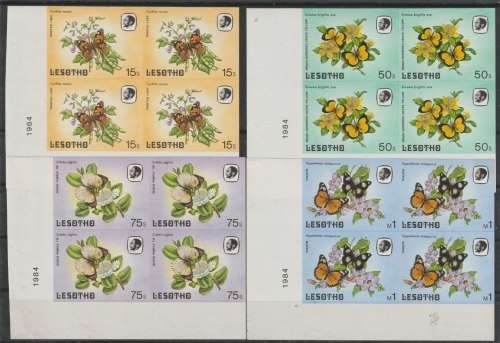 Lesotho 1984 Butterflies 15s, 50s, 75s & 1m blocks of 4  imperforate