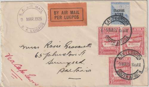 South Africa 1925 9 March East London to Pretoria 1st Flight airmail cover