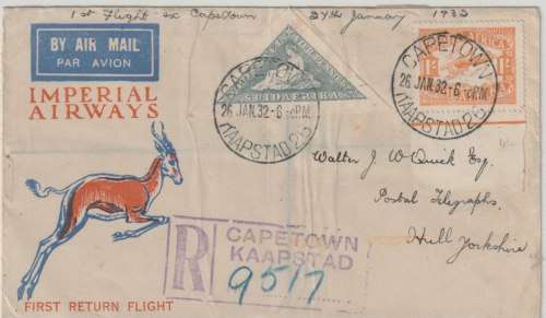 South Africa 1932 26 Jan Cape Town to UK 1st Flight airmail cover