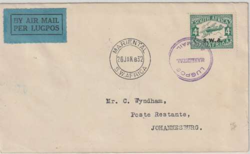 South West Africa 1932 26 Jan 1st Flight cover from Mariental to Johannesburg