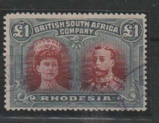 Rhodesia BSAC 1910 KGV Double Head perf 15 £1 red & black very fine fiscally used