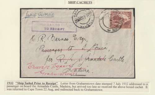 South Africa 1932 Grahamstown to Madiera cover with SHIPPED SAILED PRIOR TO RECEIPT cachet