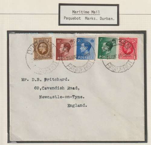 South Africa 1938 Great Britian stamps ship cover with Durban Paquebot canceller