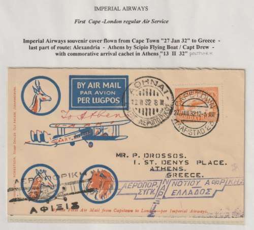 South Africa 1932 1st flight cover Cape Town to Athens, Greece with special Greek cachet