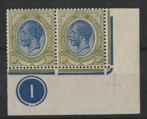 South Africa 1913 KGV 10s blue and pale olive bottom right control pair very fine unmounted mint