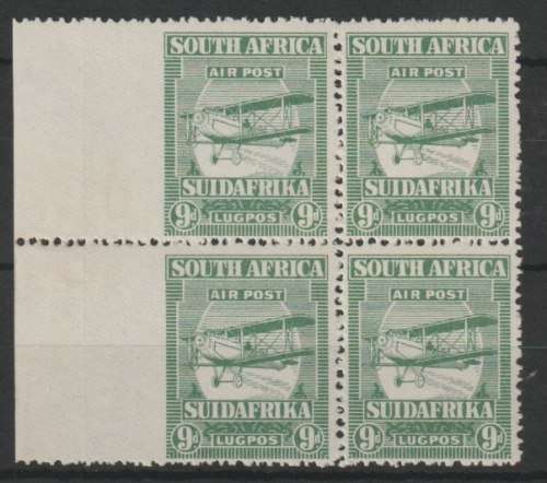 South Africa 1925 Airmail 9d imperf left margin block of 4 very fine mint, partially unmounted