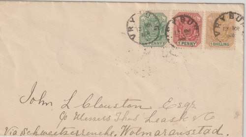Cape of Good Hope Vryburg 1900 Boer occupation Transvaal 1/2d, 1d & 1s on cover to Wolmeransstad