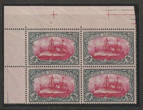 South West Africa 1901 Yacht no watermark 5Mk top left guide line block of 4 unmounted mint