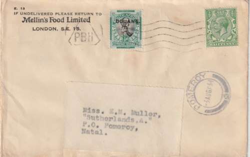 South Africa 1934 GB incoming cover to Pomeroy / Natal with 1/2d Duane tied to cover