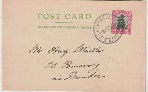 South Africa 1933 1d Ship postal stationary card with LENJANEDRIFT cds to Pomeroy Natal