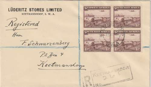 South West Africa 1937 Definitive Train 1 1/2d block of 4 on illustrated first day cover very fine