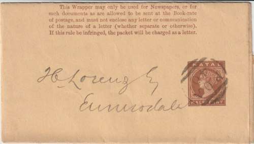 Natal 1890 QV 1/2d postal stationary wrapper with POA 40 cancel very fine