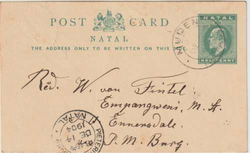 Natal 1904 KEVII 1/2d postal stationary postcard used at Muden Natal to Ennersdale, very fine