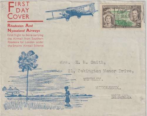 Southern Rhodesia 1937 RNA flight cover from Salisbury to UK very fine