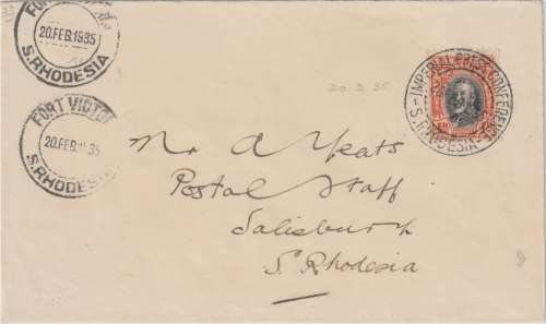 Southern Rhodesia 1935 Imperial Press Conference special cancel on cover Fort Victoria to Salisbury